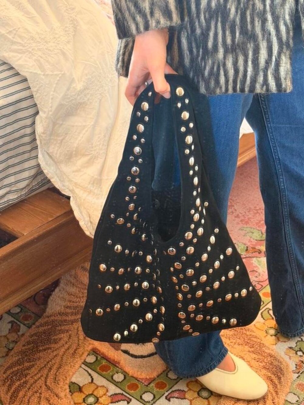 8 Other Reasons Black Studded Faux Leather Suede Shoulder Bag